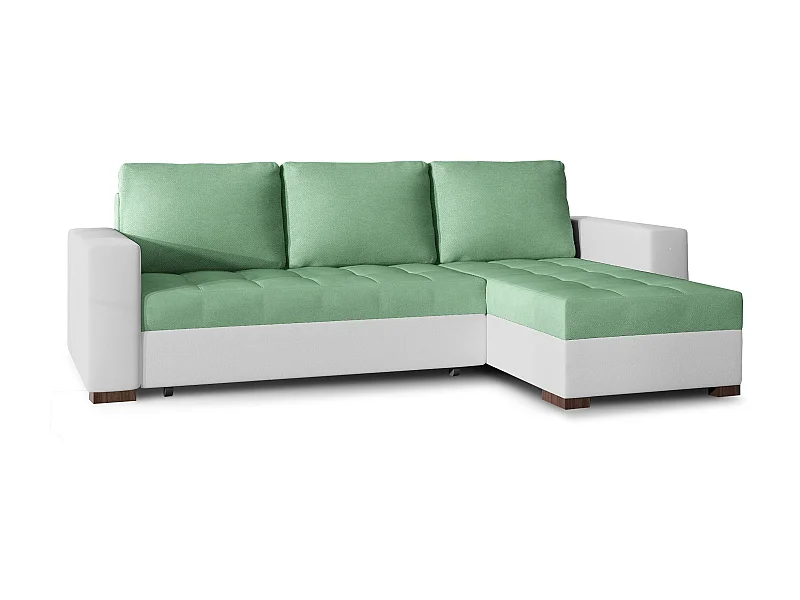 Canapé d'angle convertible et réversible tissu vert clair et simili cuir blanc Zelly 237cm