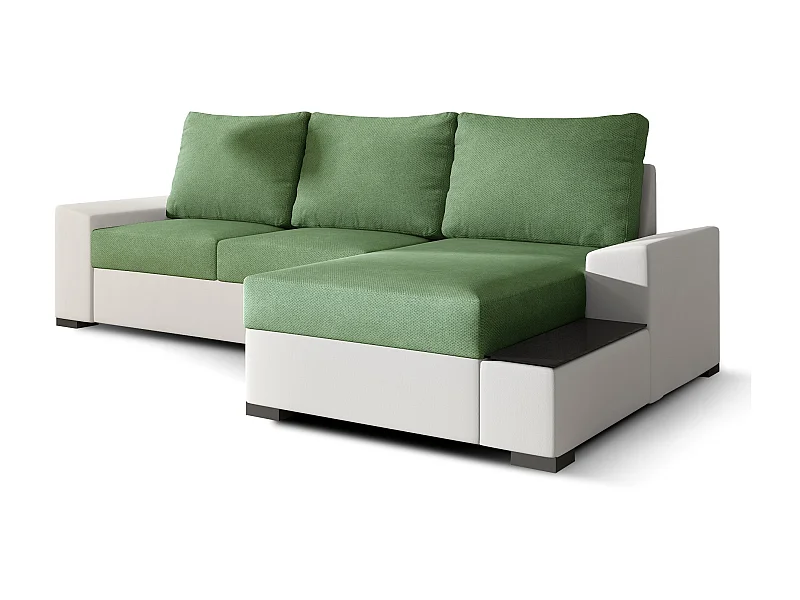 Canapé angle droit convertible tissu vert clair et simili blanc James 245cm