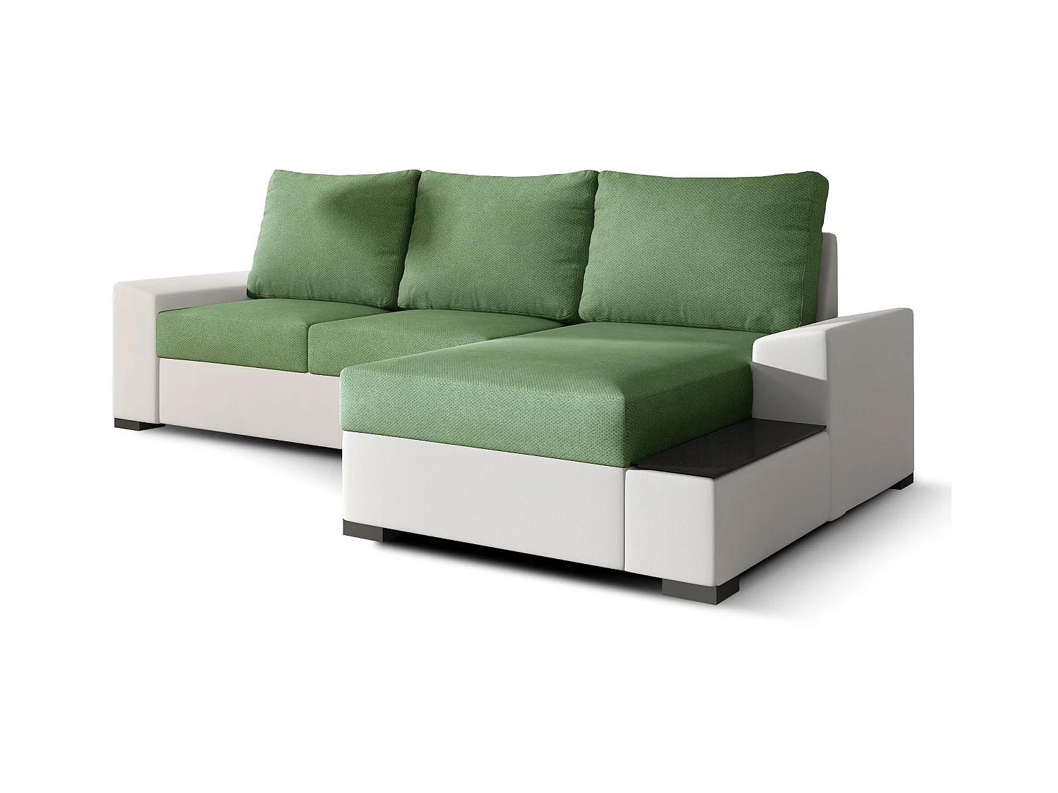 Canapé angle droit convertible tissu vert clair et simili blanc James 245cm