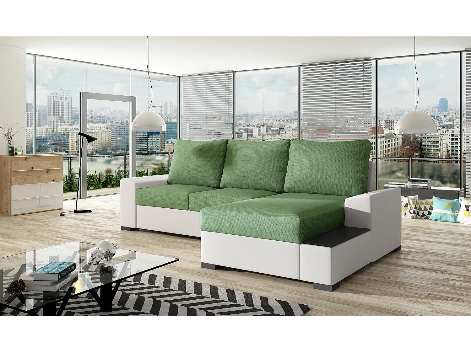 Canapé angle droit convertible tissu vert clair et simili blanc James 245cm