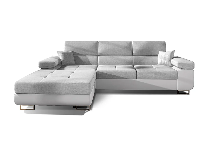 Canapé convertible d'angle gauche tissu gris clair et simili cuir blanc avec rangement Wile 280cm