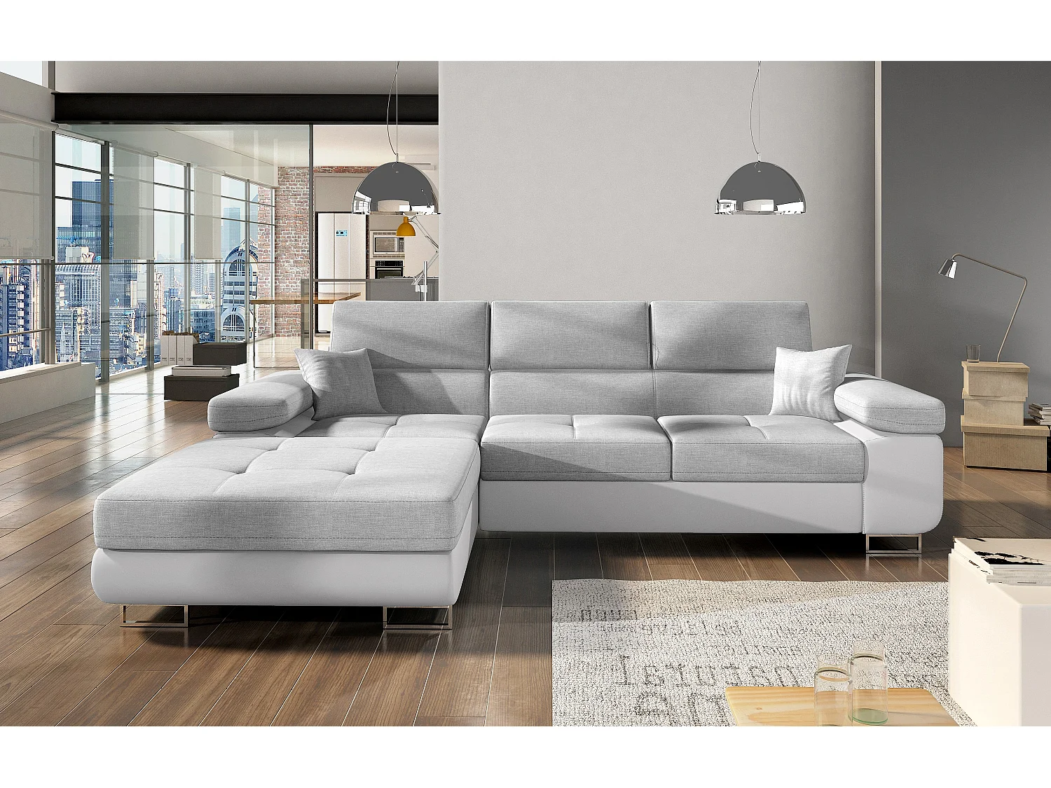 Canapé convertible d'angle gauche tissu gris clair et simili cuir blanc avec rangement Wile 280cm