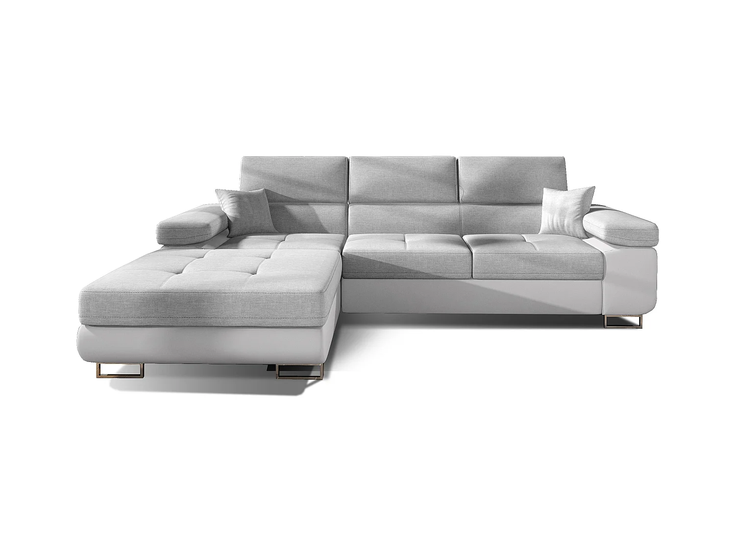 Canapé convertible d'angle gauche tissu gris clair et simili cuir blanc avec rangement Wile 280cm