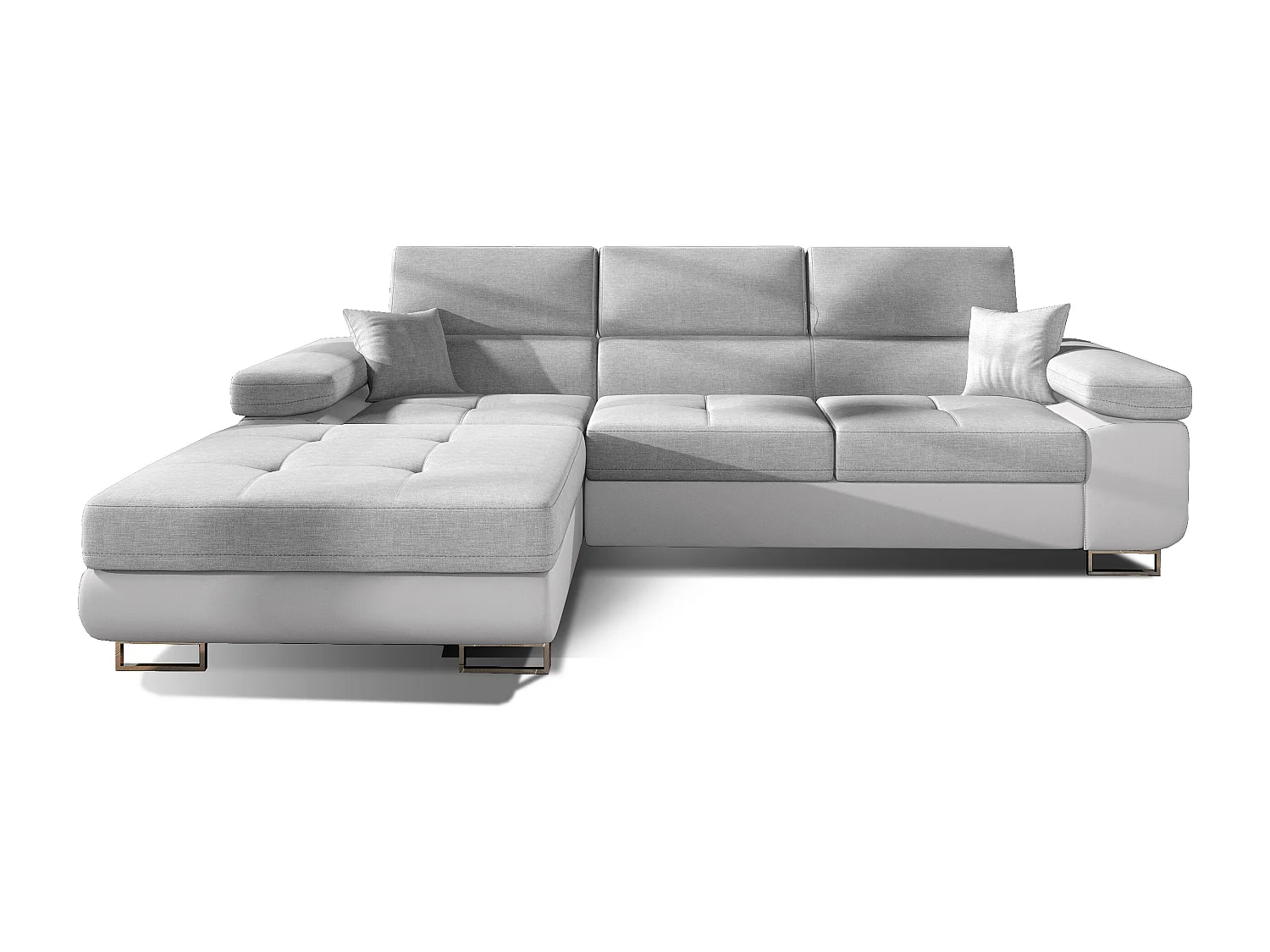 Canapé d'angle convertible appuis-tête réglables KALIZO - Coffre et pieds acier chromé-Blanc/Gris clair-angle gauche