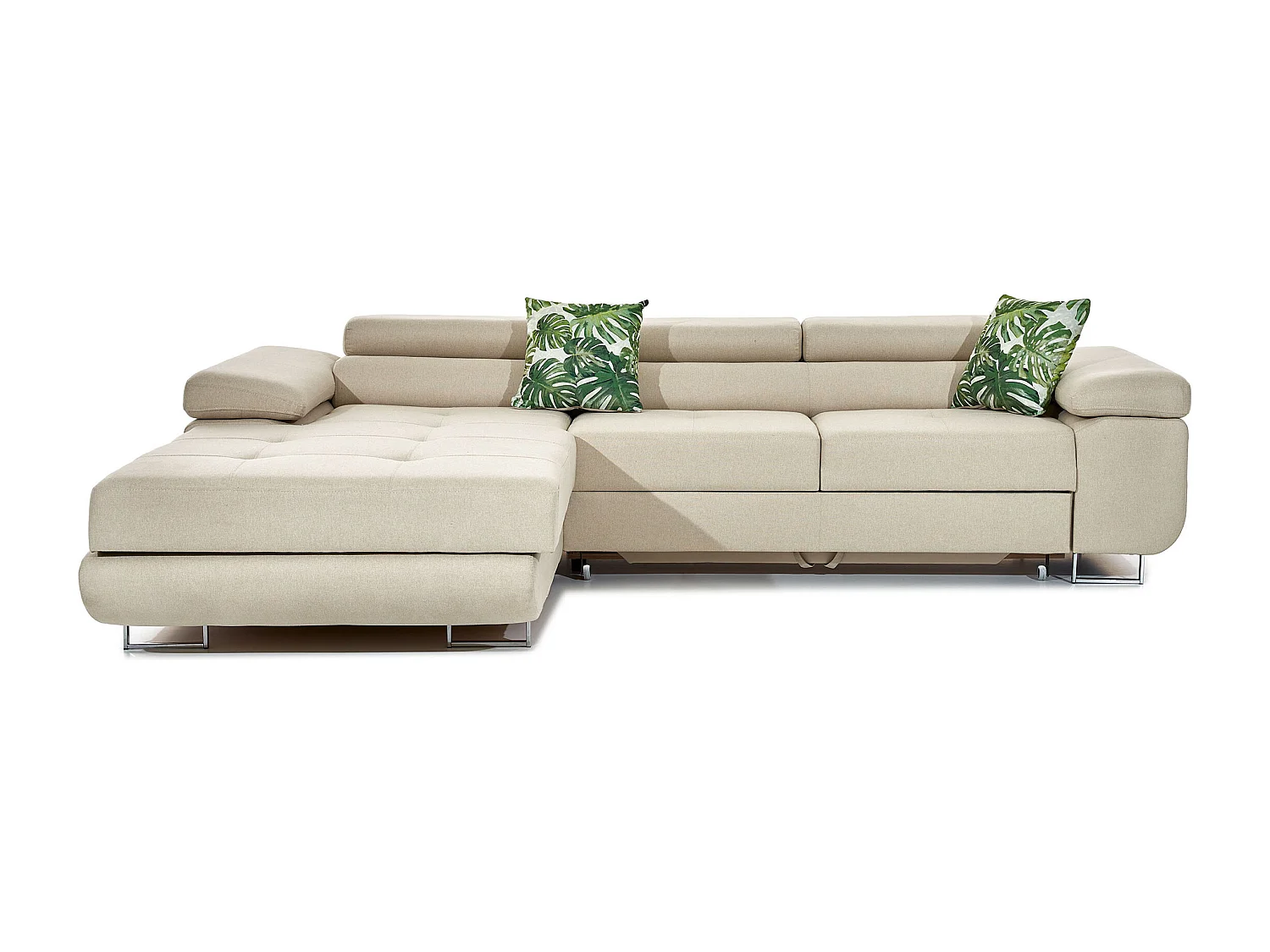 Canapé d'angle convertible appuis-tête réglables KALIZO - Coffre et pieds acier chromé-Blanc/Gris clair-angle gauche