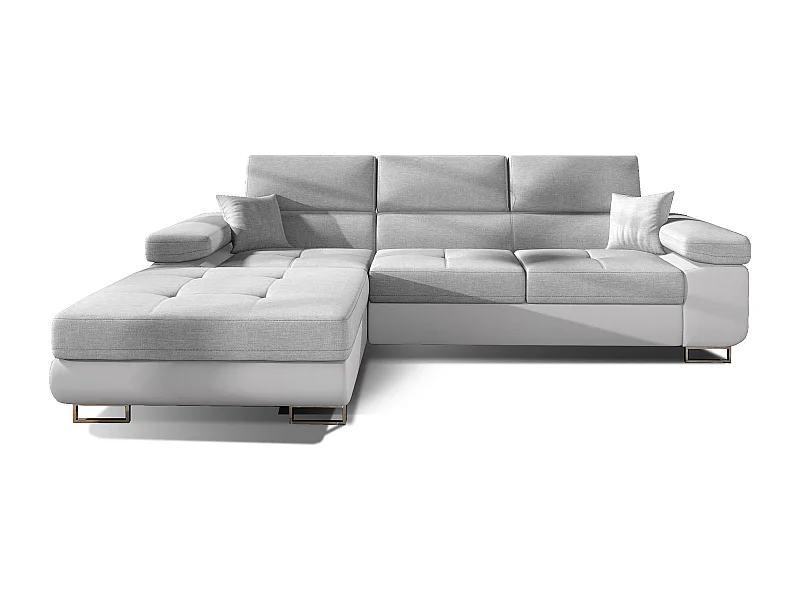 Canapé d'angle convertible appuis-tête réglables KALIZO - Coffre et pieds acier chromé-Blanc/Gris clair-angle gauche