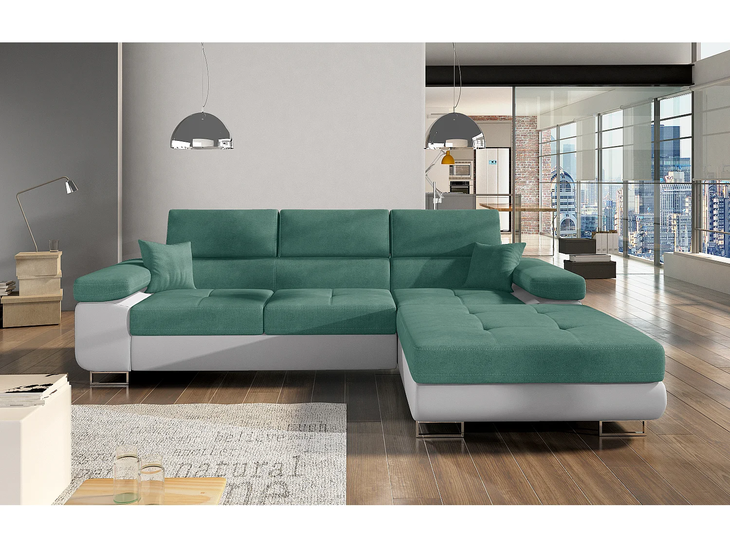 Canapé convertible d'angle droit tissu vert et simili cuir blanc avec rangement Wile 280cm