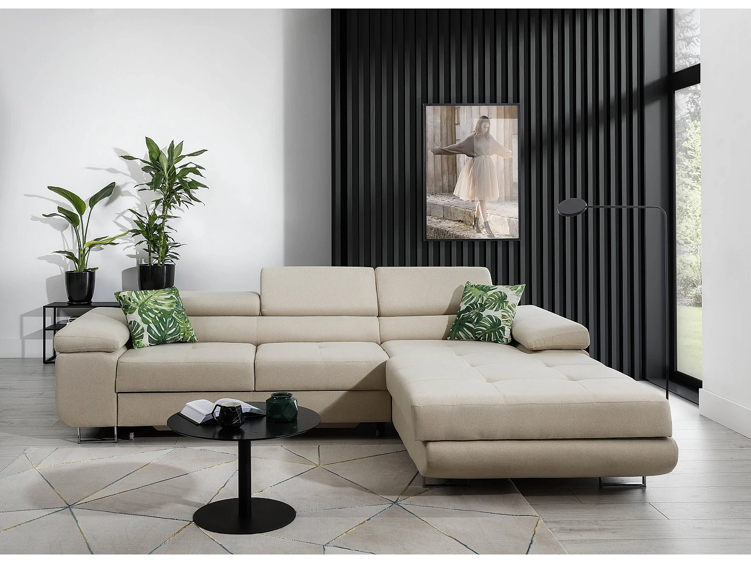 Canapé convertible d'angle droit tissu vert et simili cuir blanc avec rangement Wile 280cm