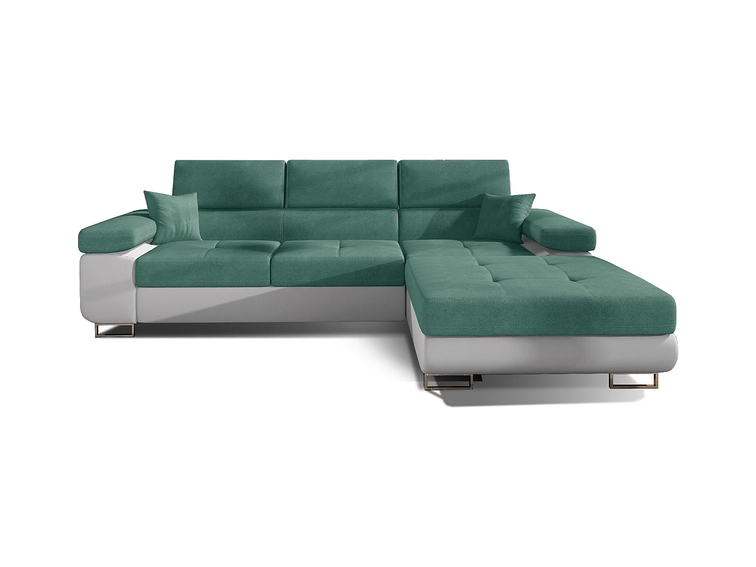 Canapé convertible d'angle droit tissu vert et simili cuir blanc avec rangement Wile 280cm