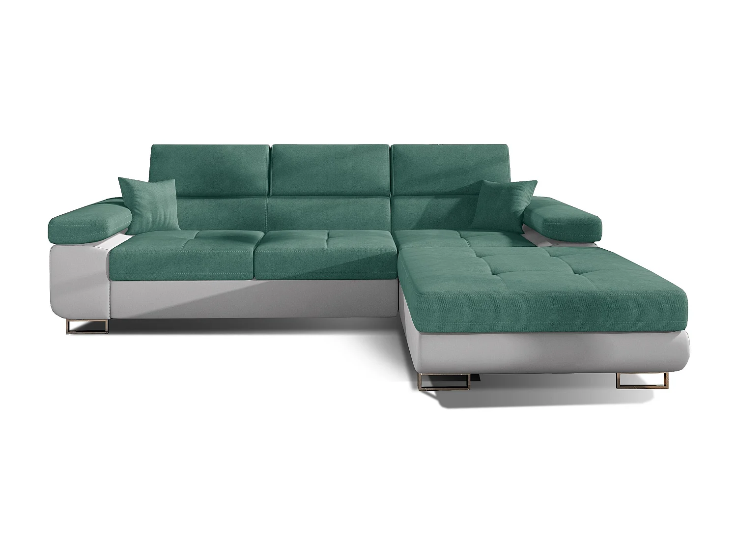 Canapé convertible d'angle droit tissu vert et simili cuir blanc avec rangement Wile 280cm