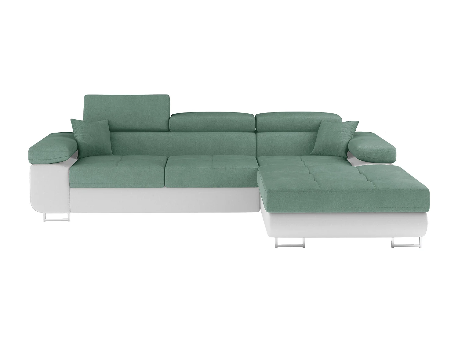 Canapé d'angle convertible appuis-tête réglables KALIZO - Coffre et pieds acier chromé-Blanc/Vert clair-angle droit