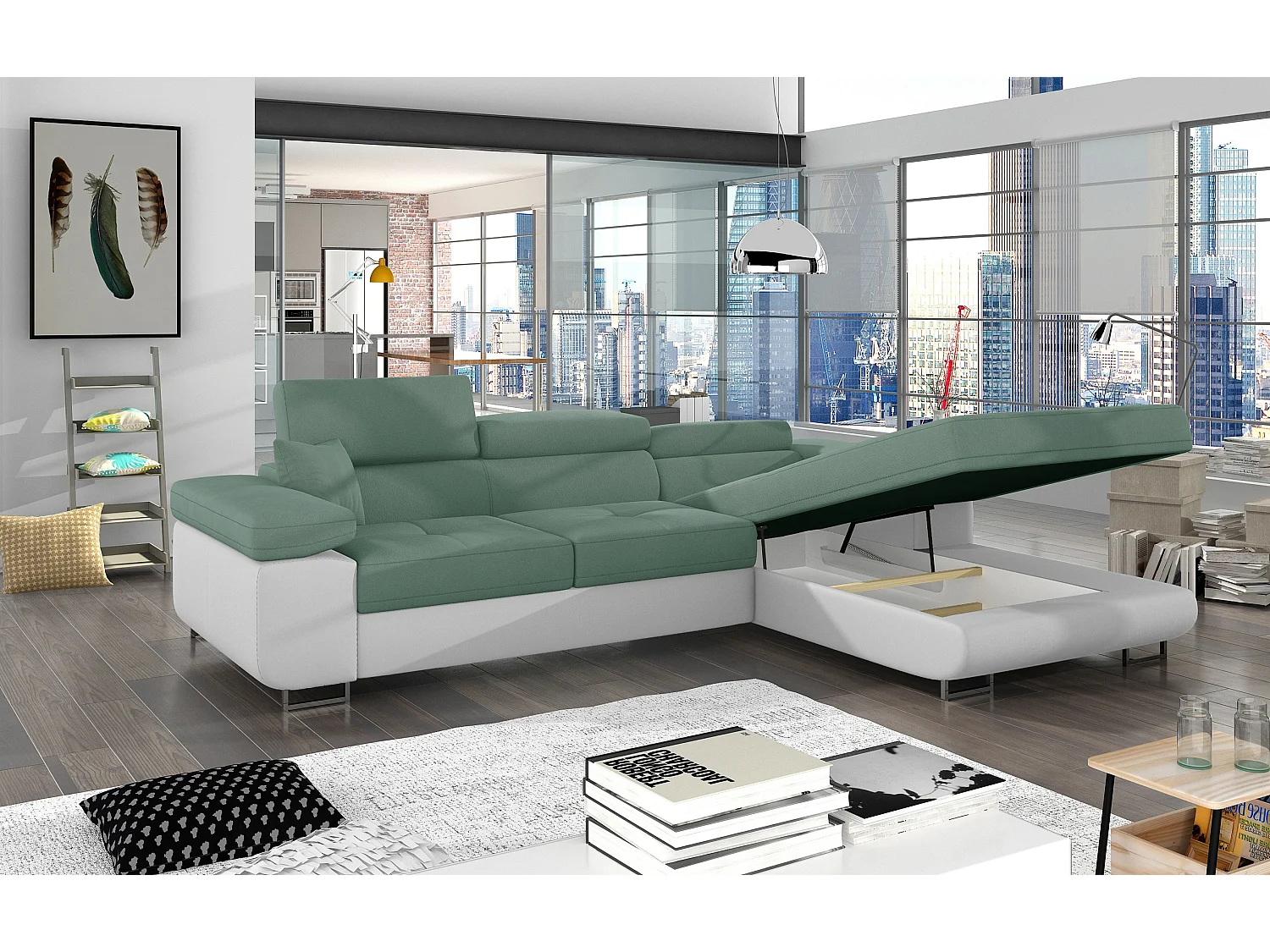 Canapé d'angle convertible appuis-tête réglables KALIZO - Coffre et pieds acier chromé-Blanc/Vert clair-angle droit