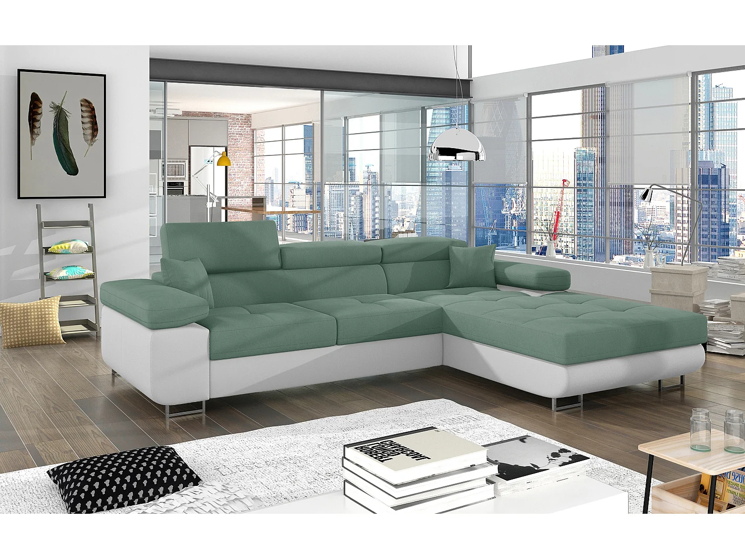 Canapé d'angle convertible appuis-tête réglables KALIZO - Coffre et pieds acier chromé-Blanc/Vert clair-angle droit