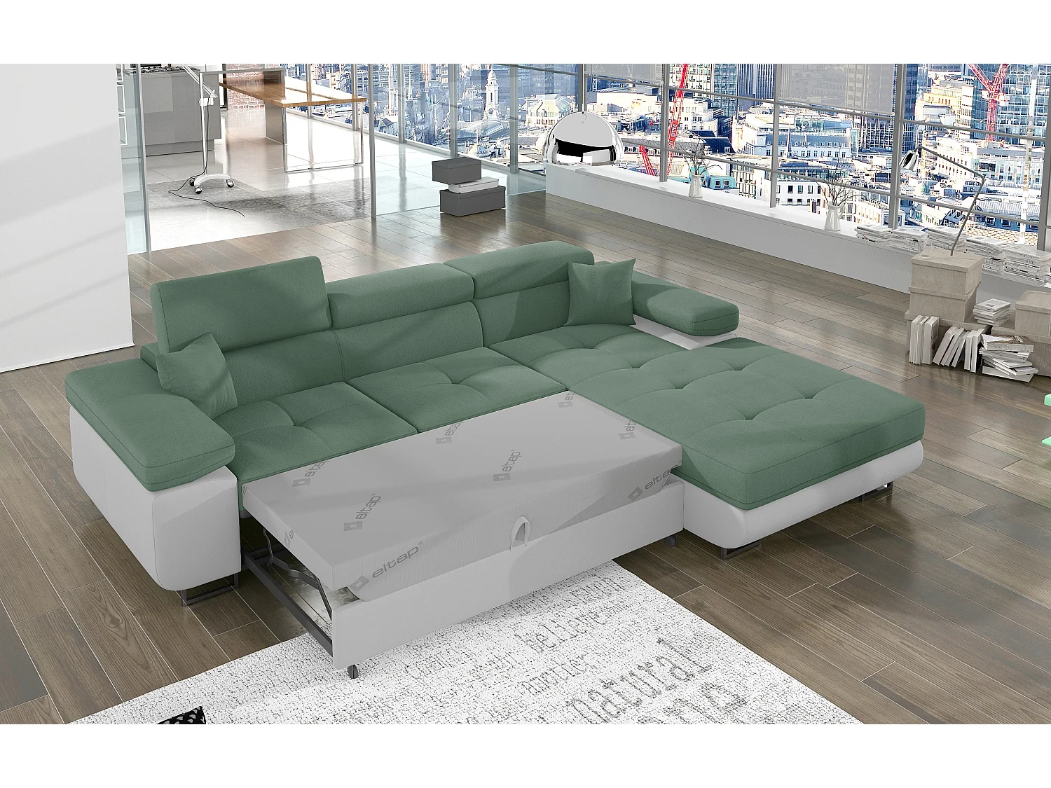 Canapé d'angle convertible appuis-tête réglables KALIZO - Coffre et pieds acier chromé-Blanc/Vert clair-angle droit