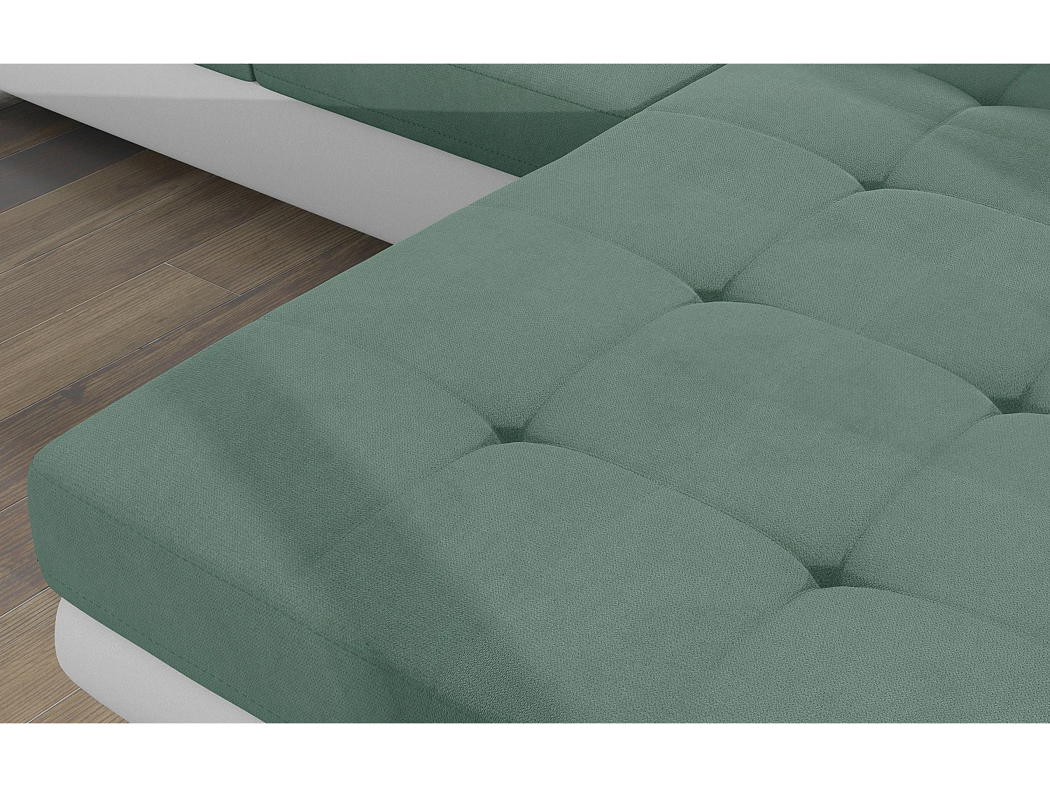 Canapé d'angle convertible appuis-tête réglables KALIZO - Coffre et pieds acier chromé-Blanc/Vert clair-angle droit