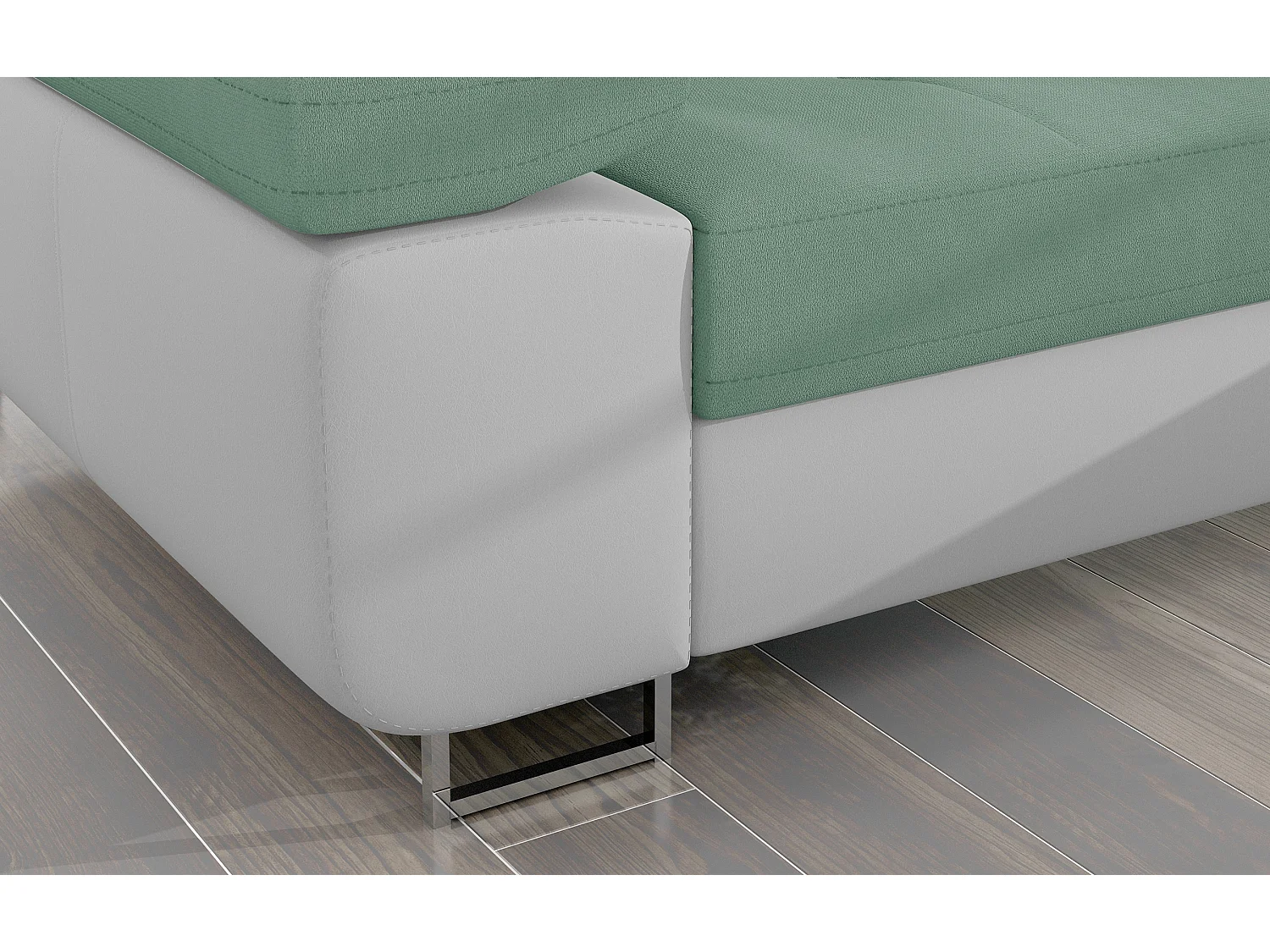 Canapé d'angle convertible appuis-tête réglables KALIZO - Coffre et pieds acier chromé-Blanc/Vert clair-angle droit