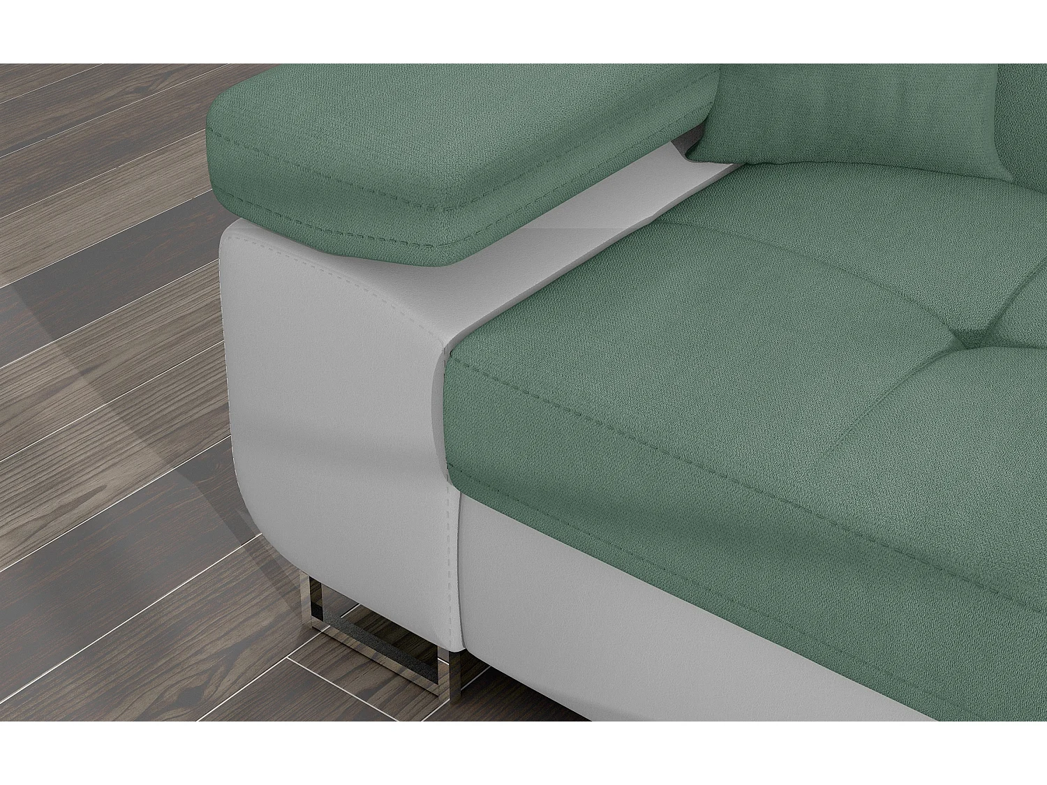 Canapé d'angle convertible appuis-tête réglables KALIZO - Coffre et pieds acier chromé-Blanc/Vert clair-angle droit