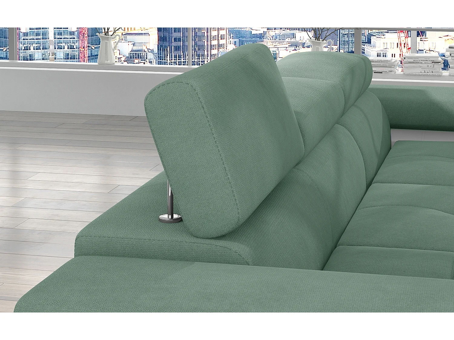 Canapé d'angle convertible appuis-tête réglables KALIZO - Coffre et pieds acier chromé-Blanc/Vert clair-angle droit