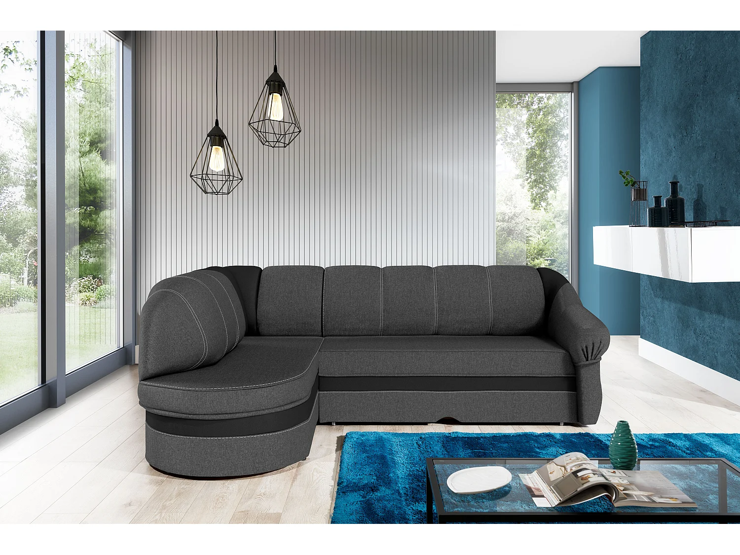 Canapé d'angle gauche convertible tissu gris foncé et simili noir Sundy 250cm