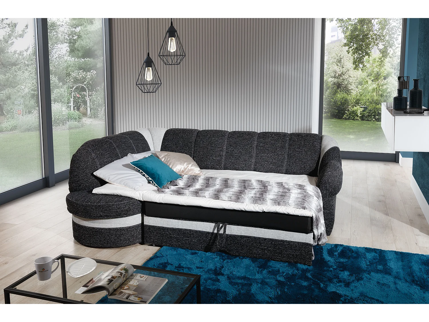 Canapé d'angle gauche convertible tissu gris foncé et simili noir Sundy 250cm