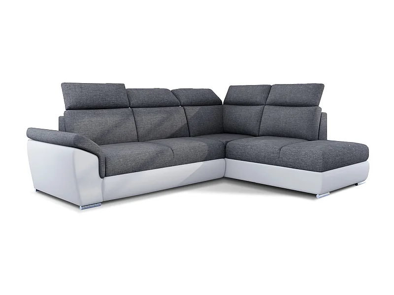 Canapé angle droit convertible tissu gris foncé et simili blanc avec appuis-tête réglables Kepita 260cm