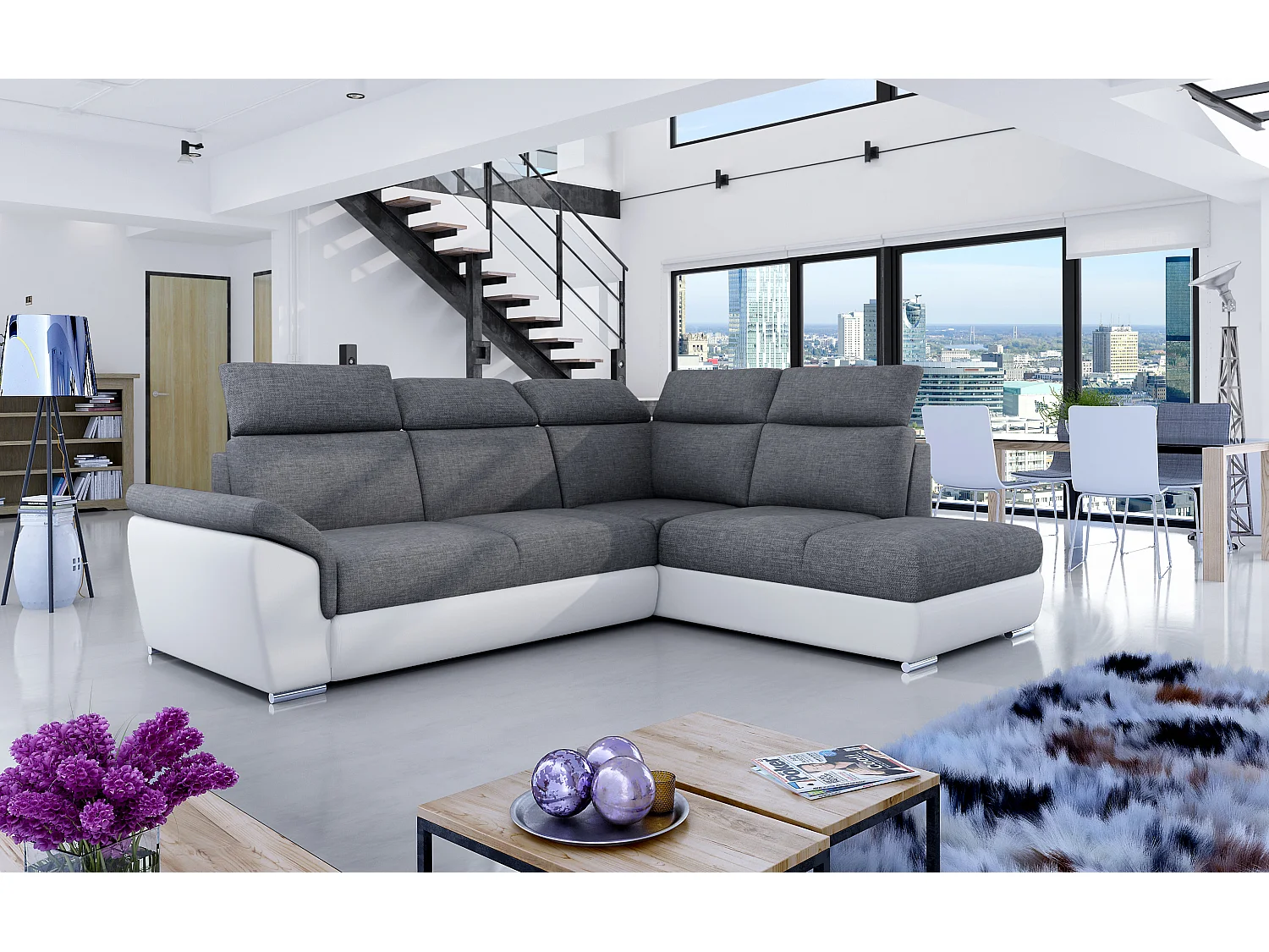 Canapé angle droit convertible tissu gris foncé et simili blanc avec appuis-tête réglables Kepita 260cm