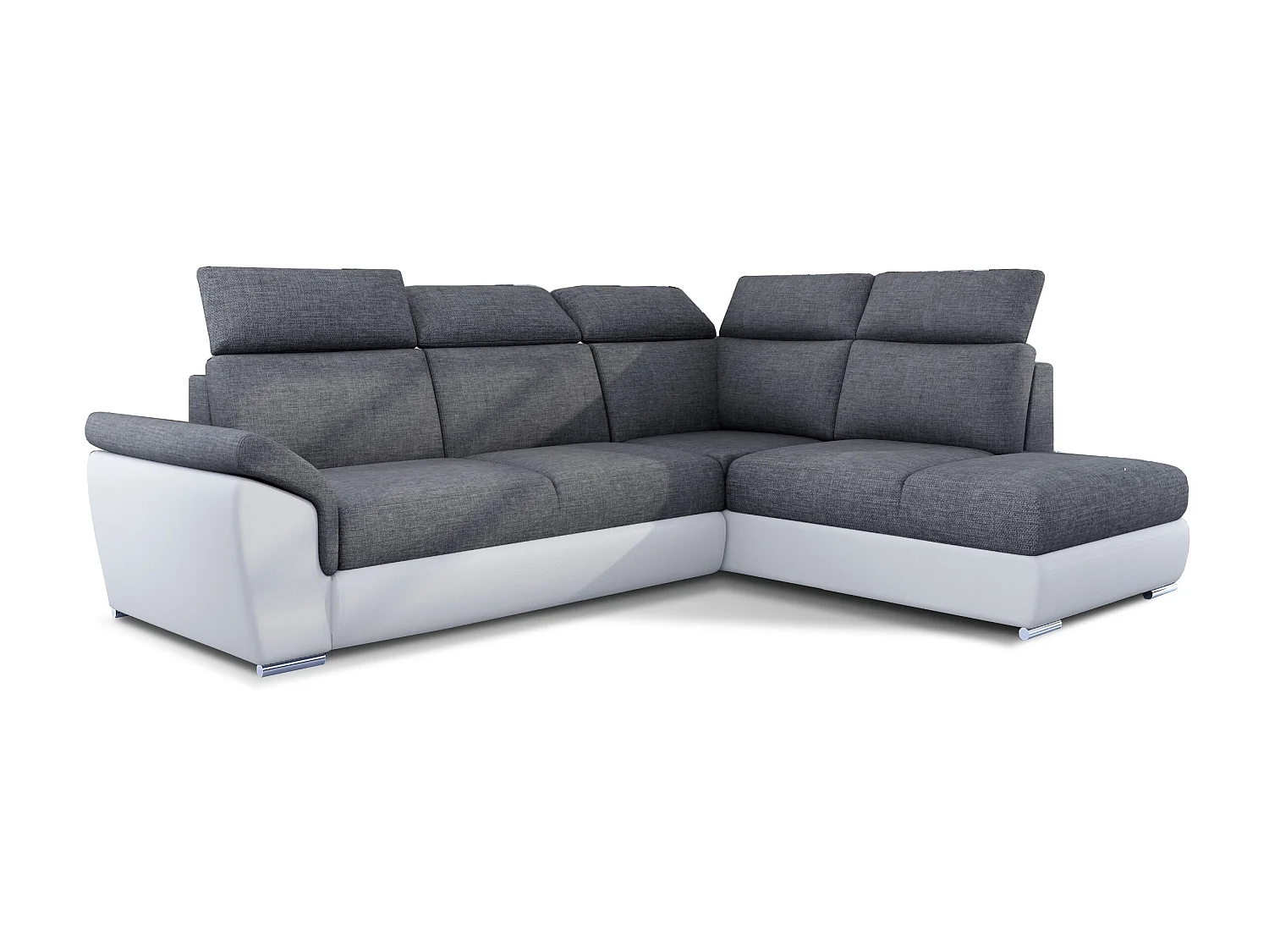 Canapé angle droit convertible tissu gris foncé et simili blanc avec appuis-tête réglables Kepita 260cm