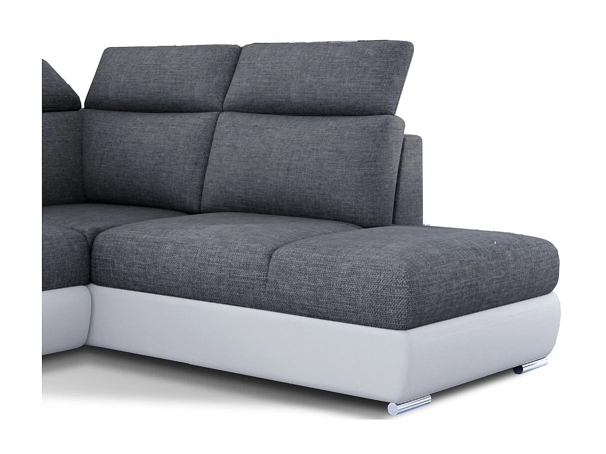 Canapé angle droit convertible tissu gris foncé et simili blanc avec appuis-tête réglables Kepita 260cm