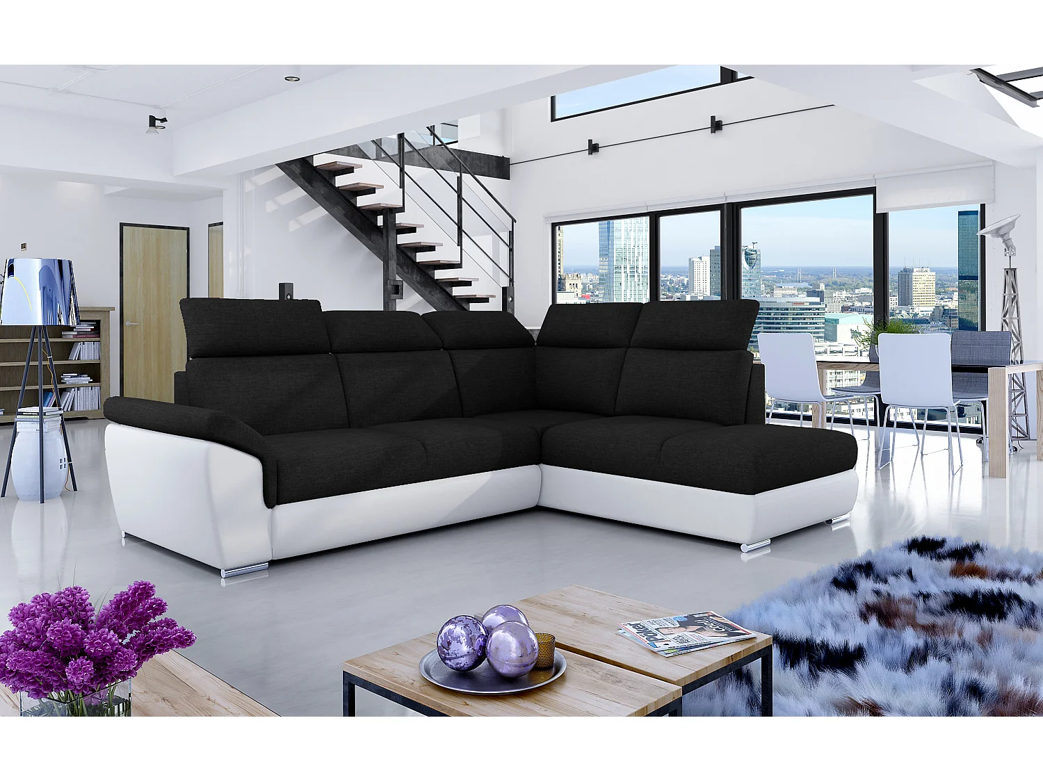 Canapé angle droit convertible tissu noir et simili cuir blanc avec appuis-tête réglables Kepita 260cm