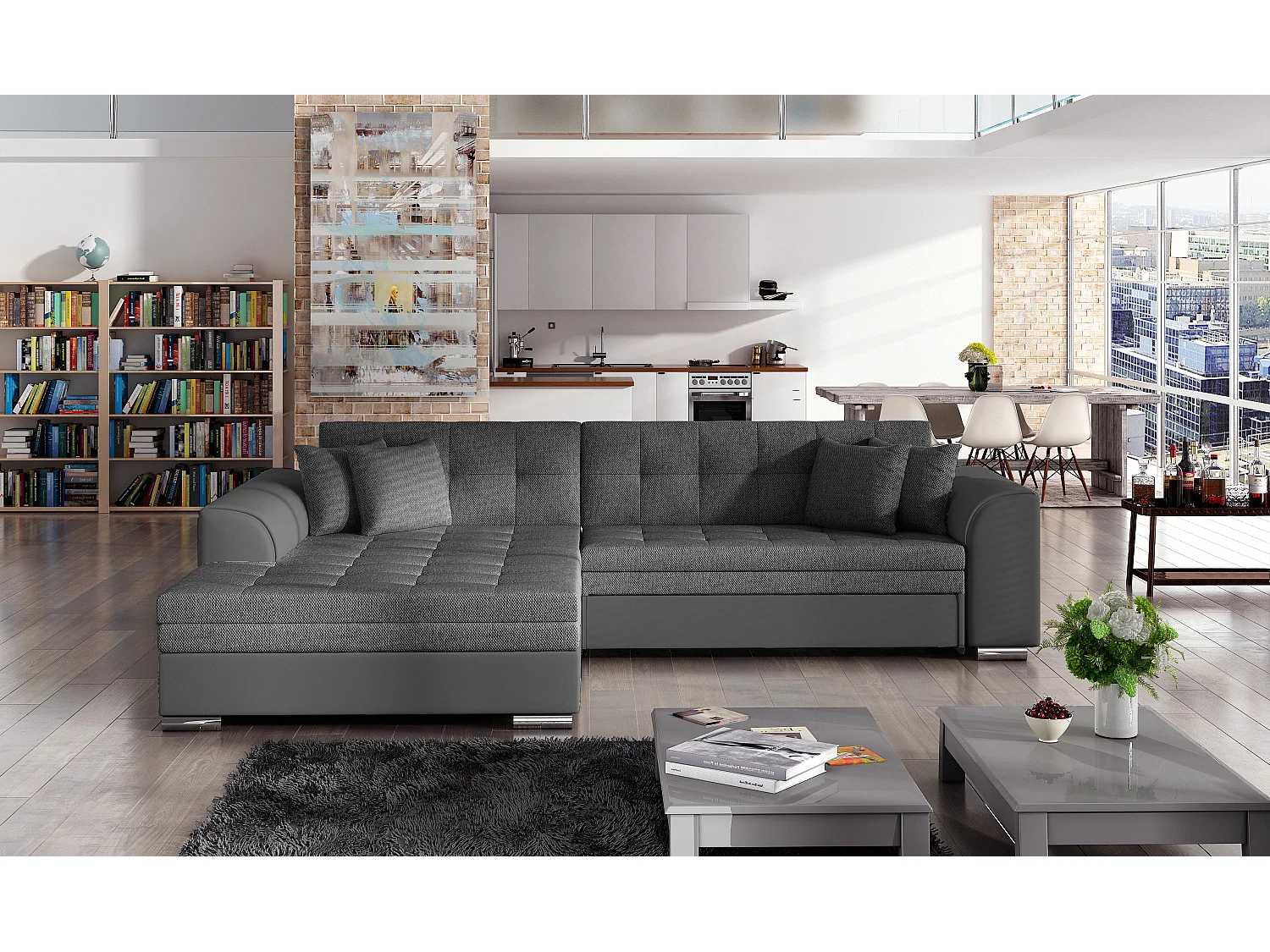 Canapé d'angle gauche convertible 4 places tissu et simili gris Looka 295cm