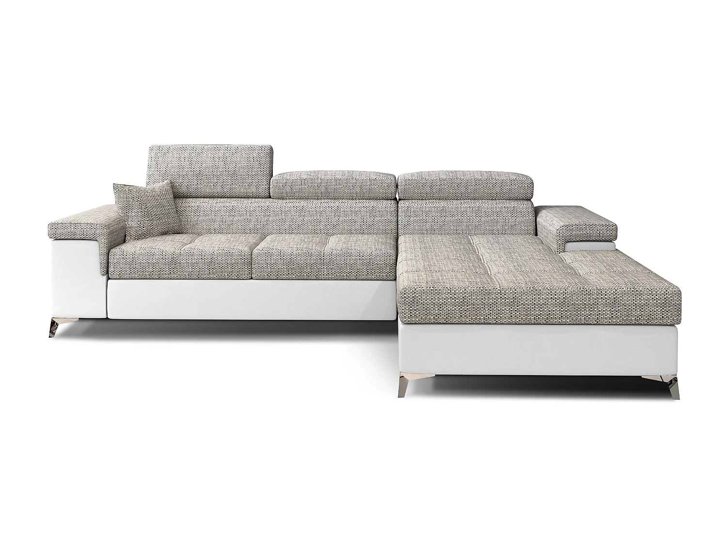 Canapé angle droit convertible tissu gris chiné et simili blanc avec appuis-tête réglables Rikaro 280cm