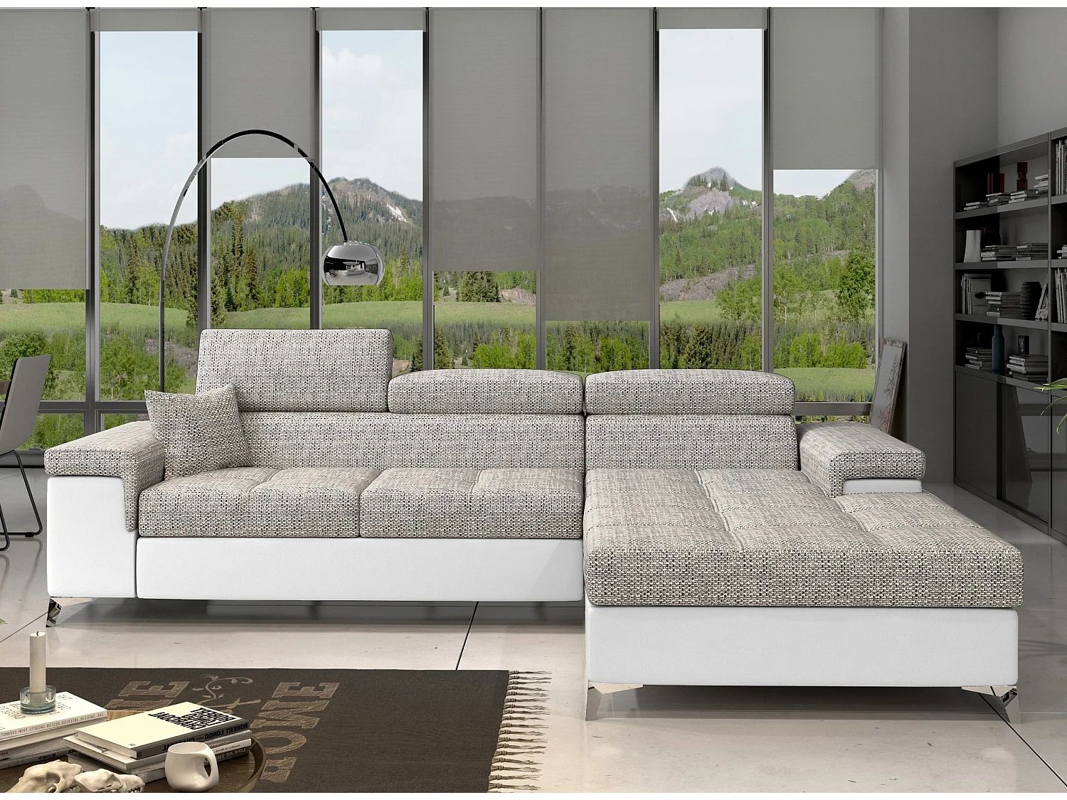 Canapé angle droit convertible tissu gris chiné et simili blanc avec appuis-tête réglables Rikaro 280cm