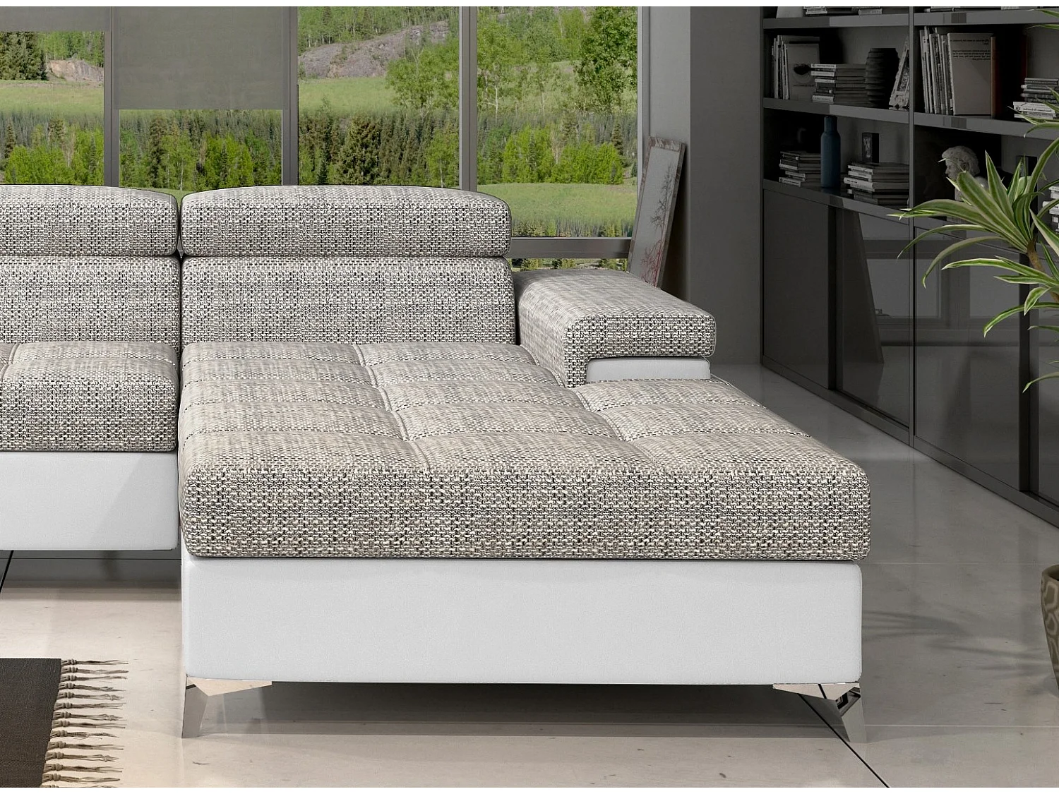 Canapé angle droit convertible tissu gris chiné et simili blanc avec appuis-tête réglables Rikaro 280cm