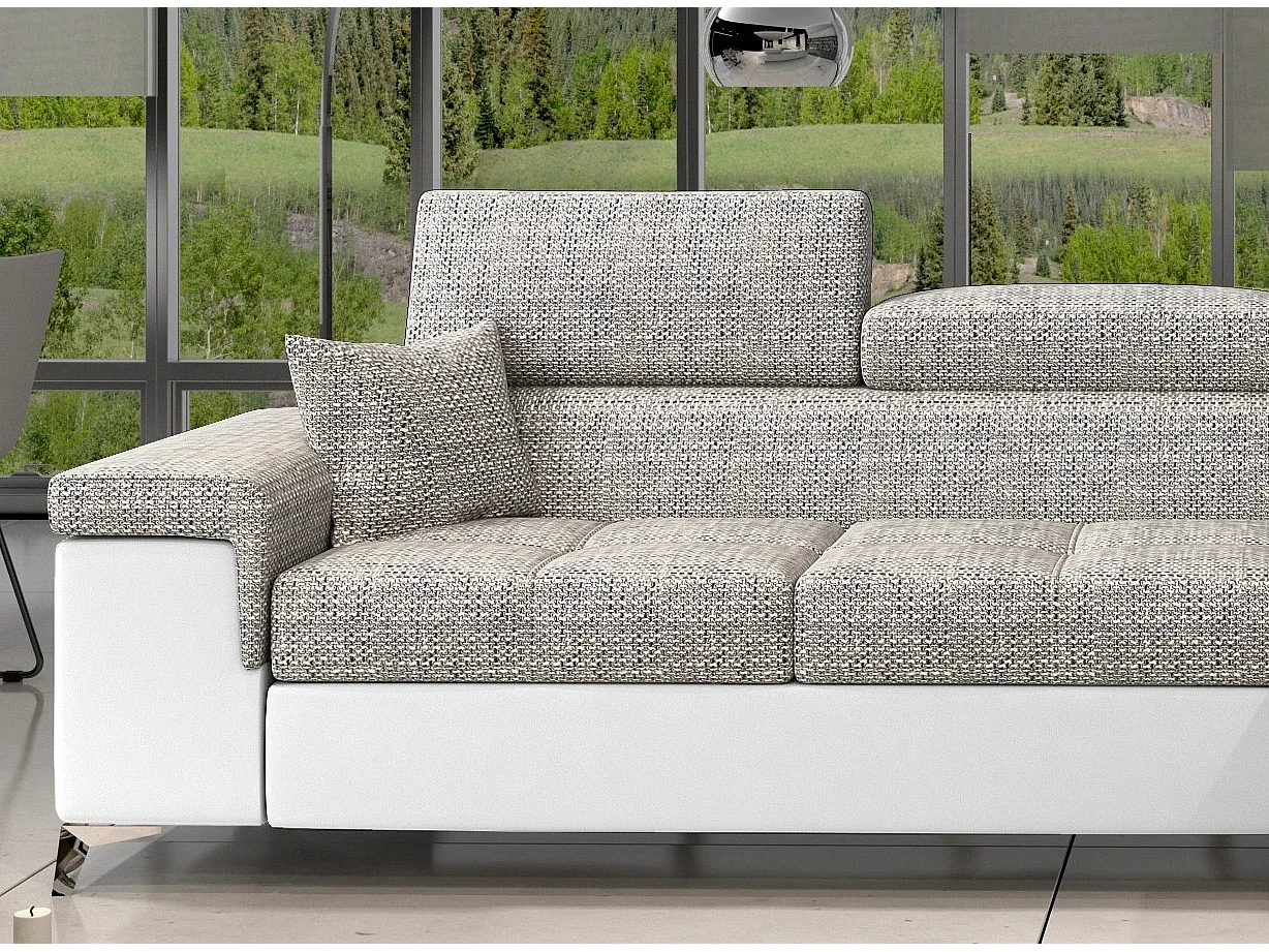 Canapé angle droit convertible tissu gris chiné et simili blanc avec appuis-tête réglables Rikaro 280cm