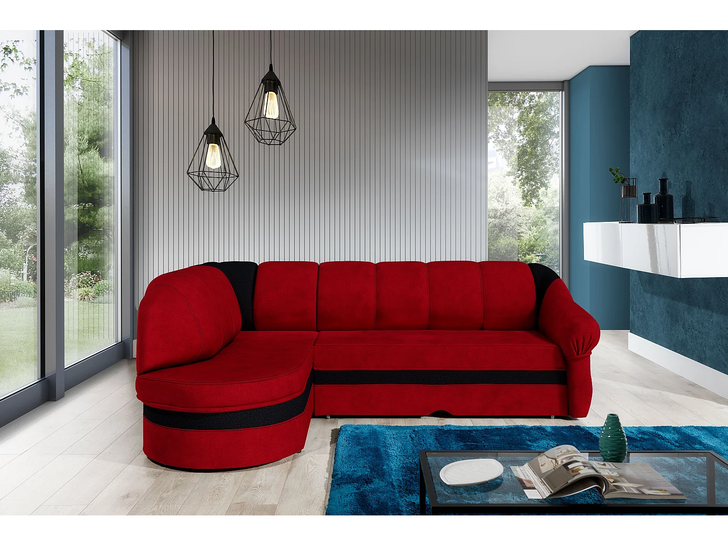 Canapé d'angle gauche convertible tissu rouge et noir Sundy 250cm