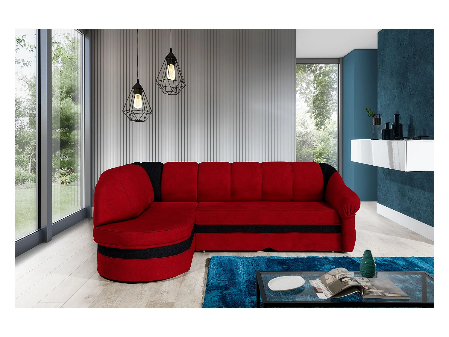Canapé d'angle gauche convertible tissu rouge et noir Sundy 250cm