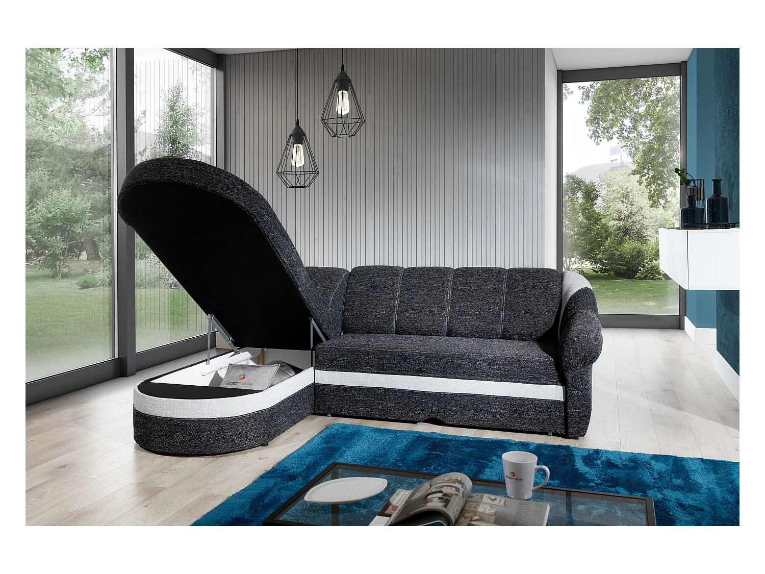 Canapé d'angle gauche convertible tissu rouge et noir Sundy 250cm