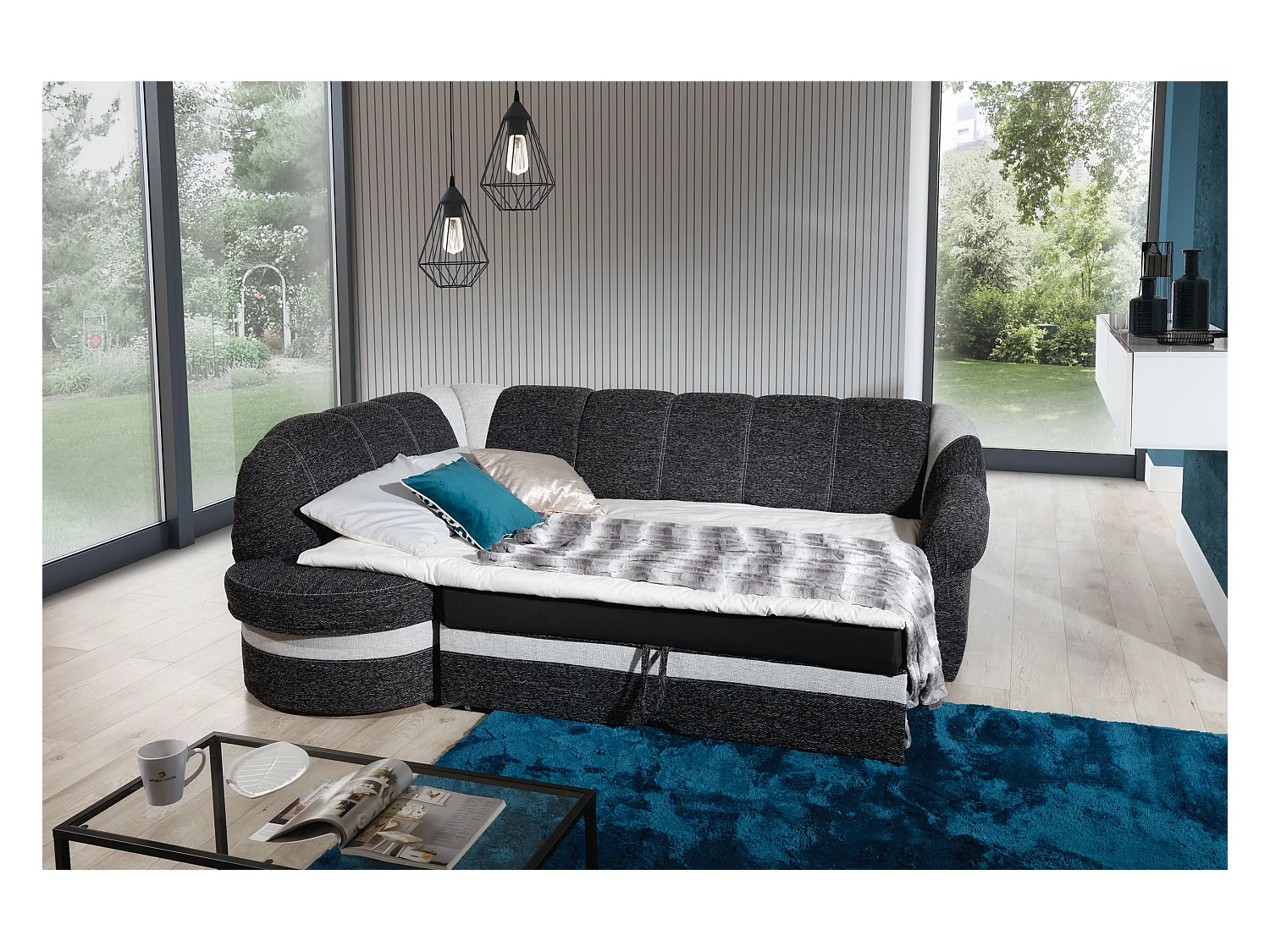 Canapé d'angle gauche convertible tissu rouge et noir Sundy 250cm