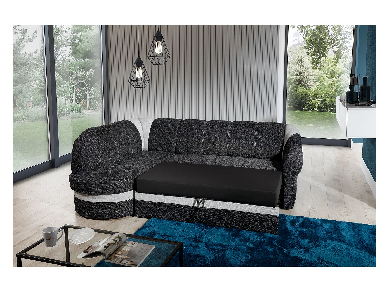Canapé d'angle gauche convertible tissu rouge et noir Sundy 250cm