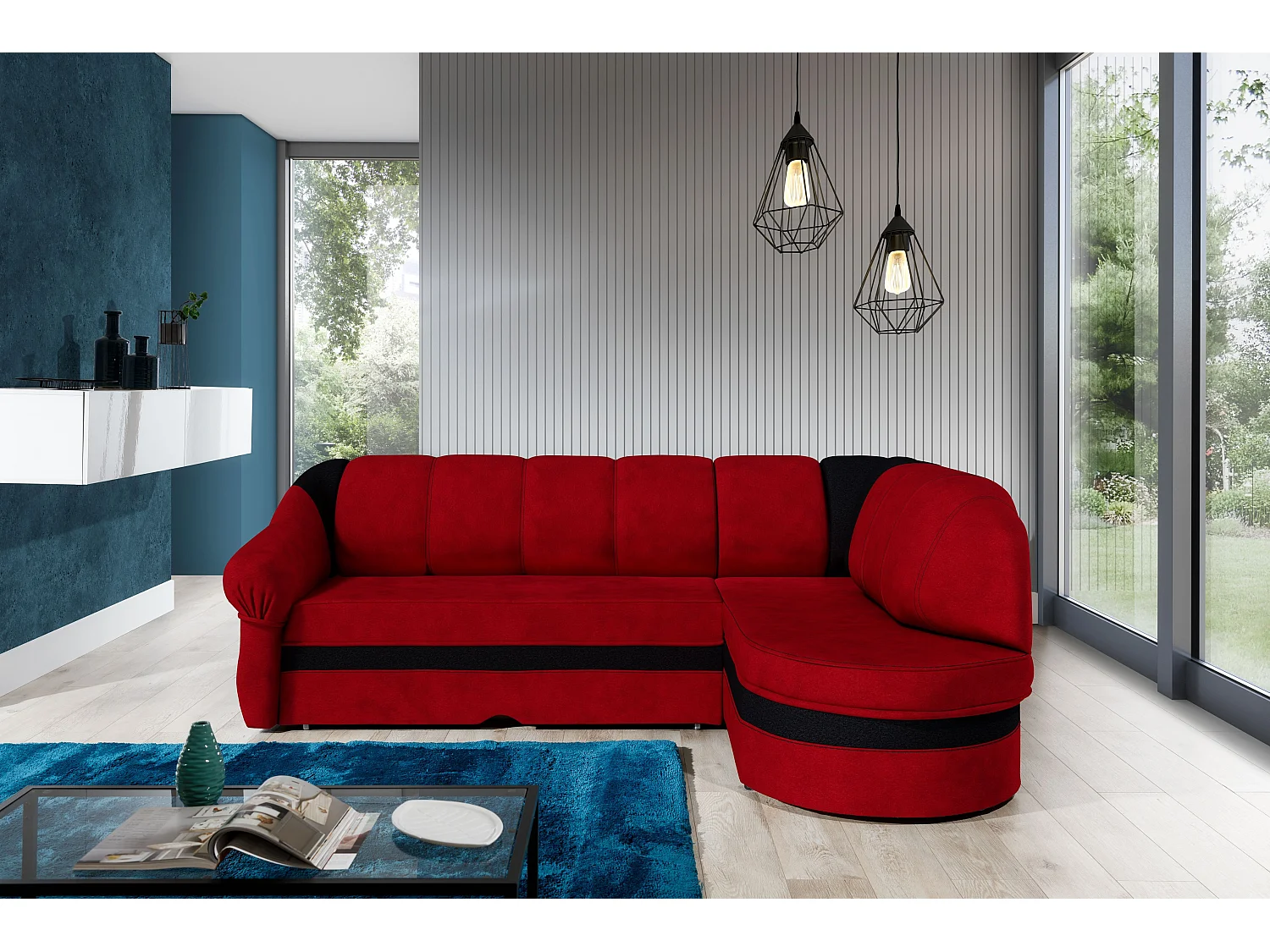 Canapé d'angle droit convertible tissu rouge et noir Sundy 250cm