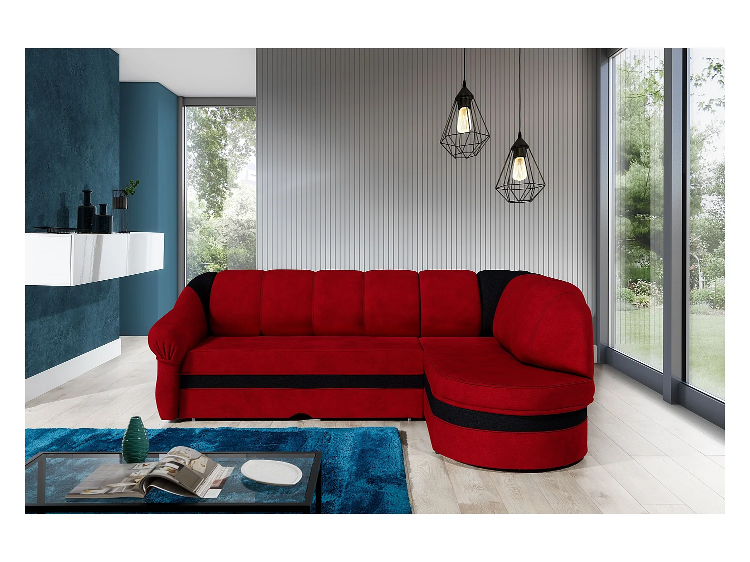 Canapé d'angle droit convertible tissu rouge et noir Sundy 250cm