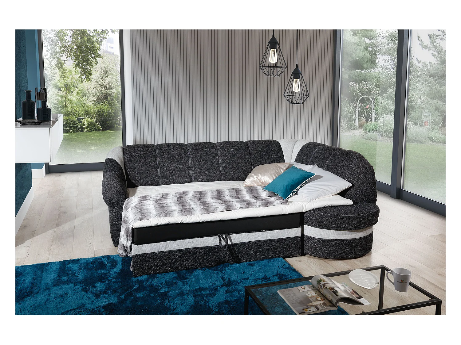 Canapé d'angle droit convertible tissu rouge et noir Sundy 250cm