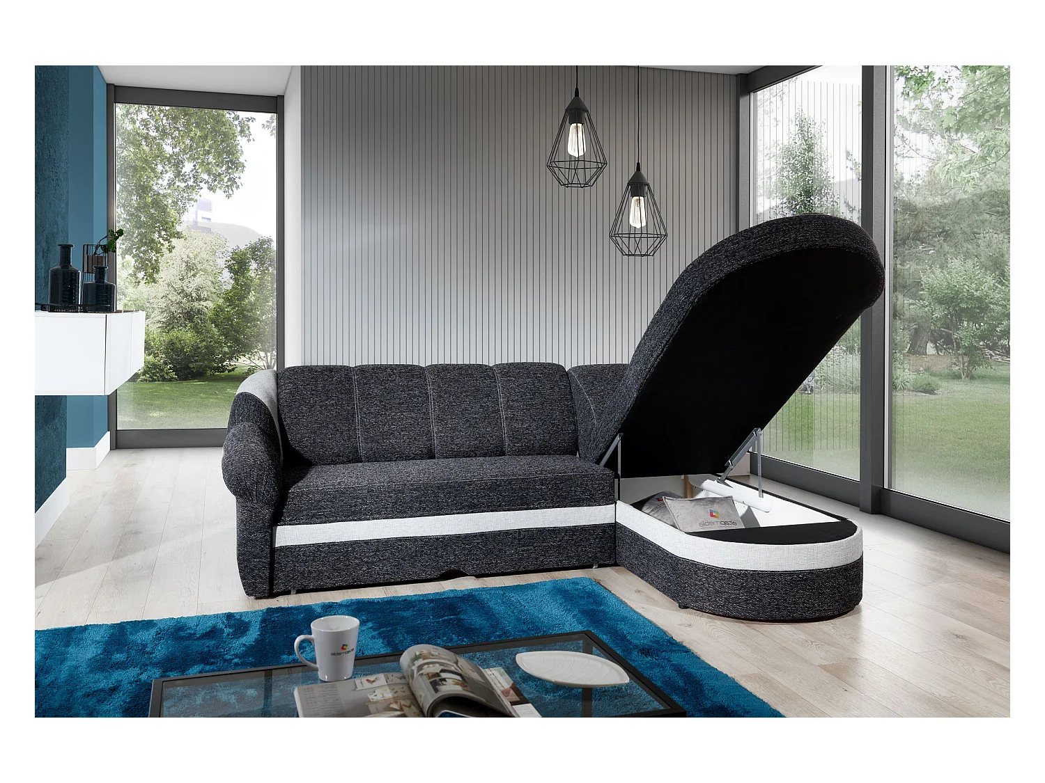 Canapé d'angle droit convertible tissu rouge et noir Sundy 250cm