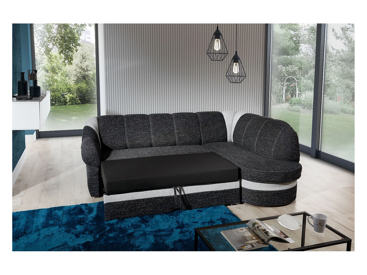 Canapé d'angle droit convertible tissu rouge et noir Sundy 250cm