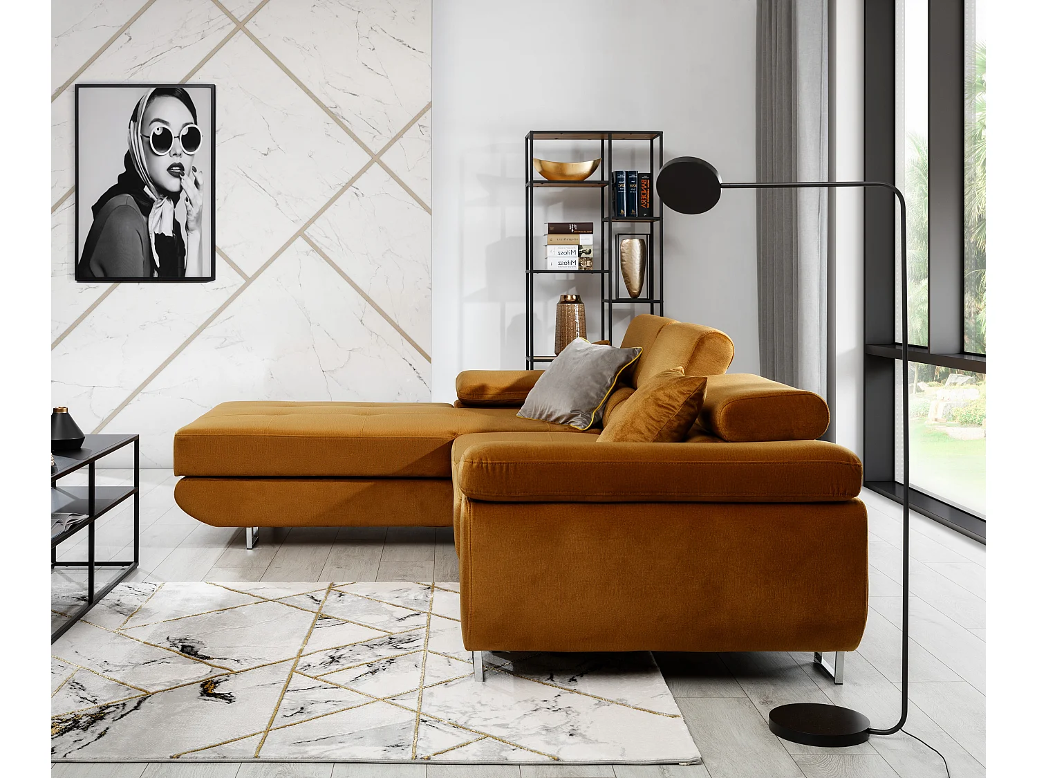 Canapé convertible d'angle gauche tissu et simili cuir noir avec rangement Wile 280cm