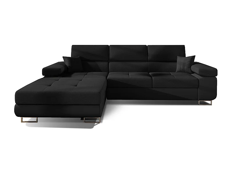 Canapé d'angle convertible appuis-tête réglables KALIZO - Coffre et pieds acier chromé-Noir/Noir-angle gauche