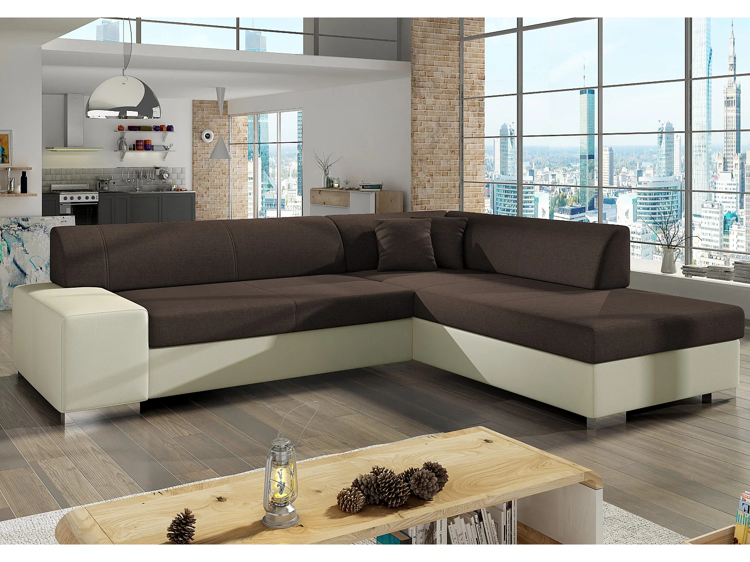 Canapé convertible moderne angle droit tissu marron et simili cuir beige Plazo 278cm