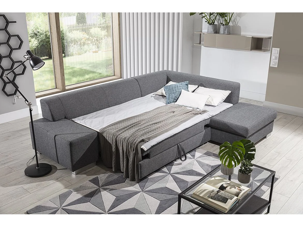 Canapé convertible moderne angle droit tissu marron et simili cuir beige Plazo 278cm