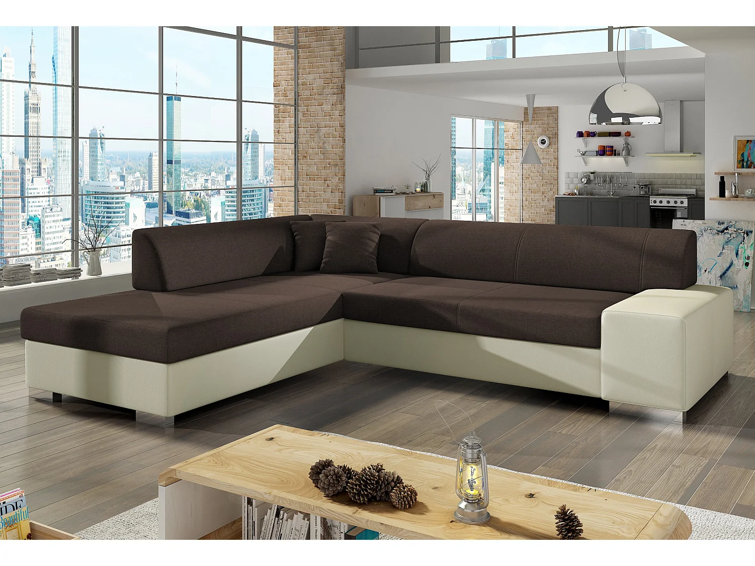 Canapé convertible moderne angle gauche tissu marron et simili cuir beige Plazo 278cm
