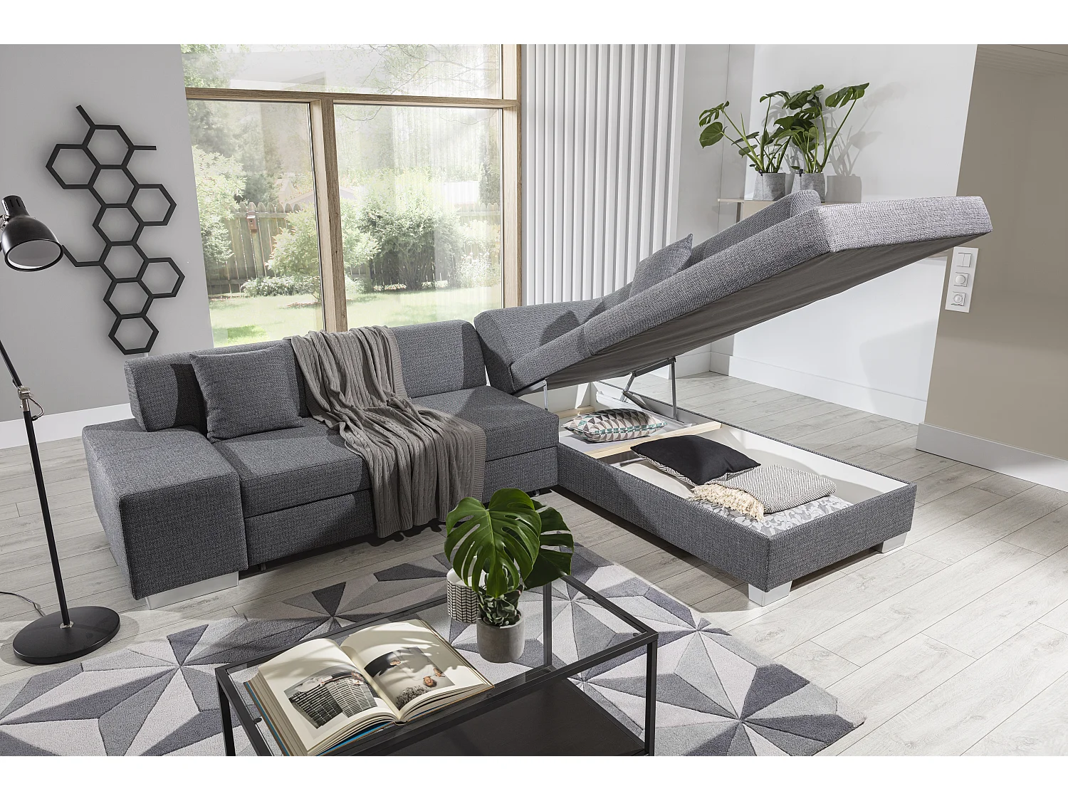 Canapé convertible moderne angle gauche tissu marron et simili cuir beige Plazo 278cm